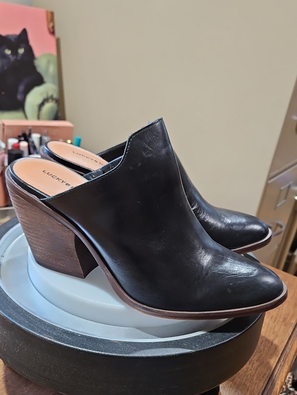 Lucky Brand Black Leather Block Heel Mules with Wood-Tone Heel